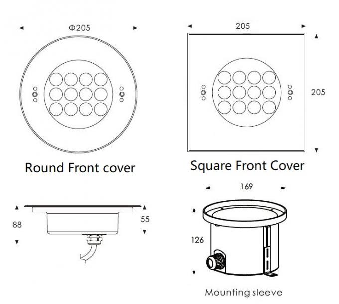円形および正方形のフロント カバー316Lのステンレス鋼引込められたLEDの水中ライトのための次元